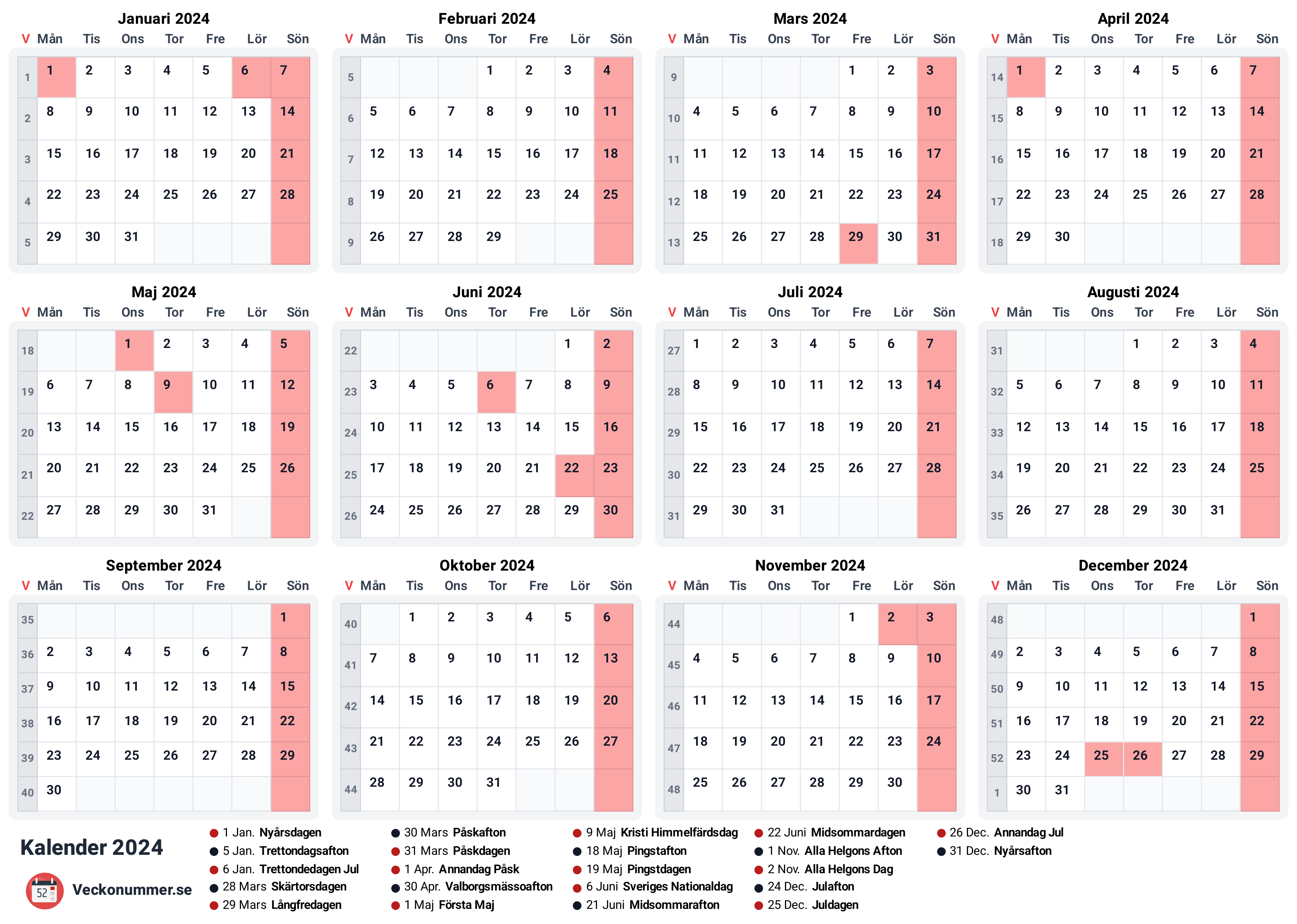 Kalender 2024 - Almanacka 2024 | Lista över helgdagar i Sverige | Röda dagar 2024